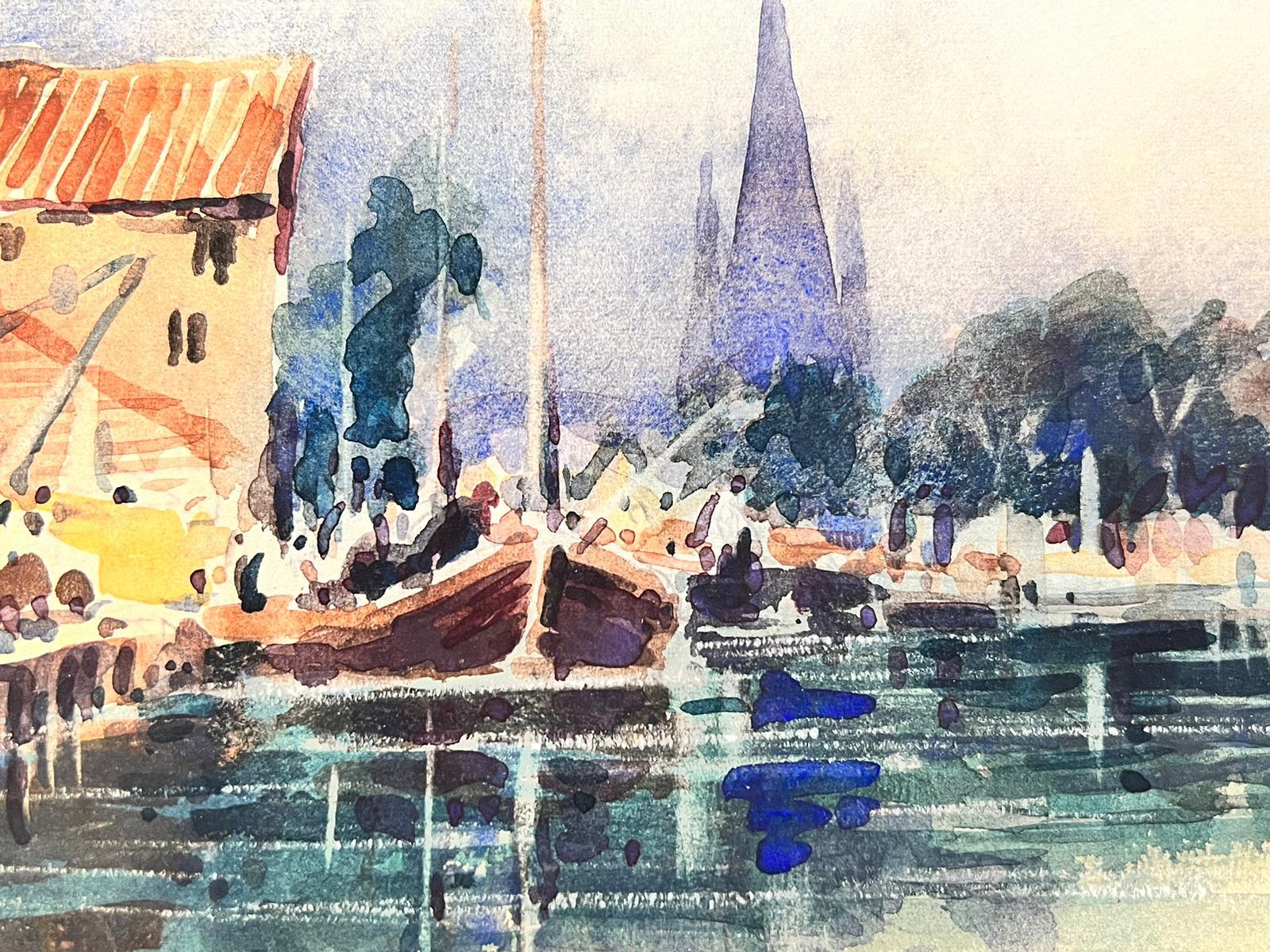 Maurice Mazeilie – Französisches Aquarell – Blaue Boote am Hafen im Angebot 2