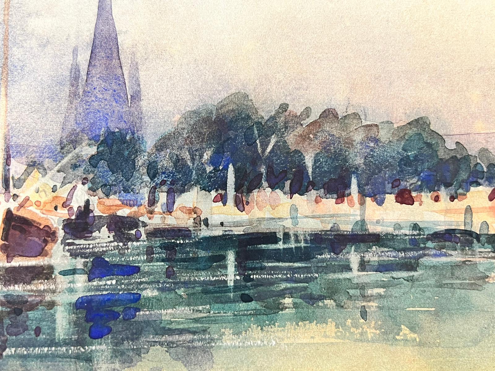 Maurice Mazeilie -French Watercolour - Blue Boats At The Harbour For Sale 1