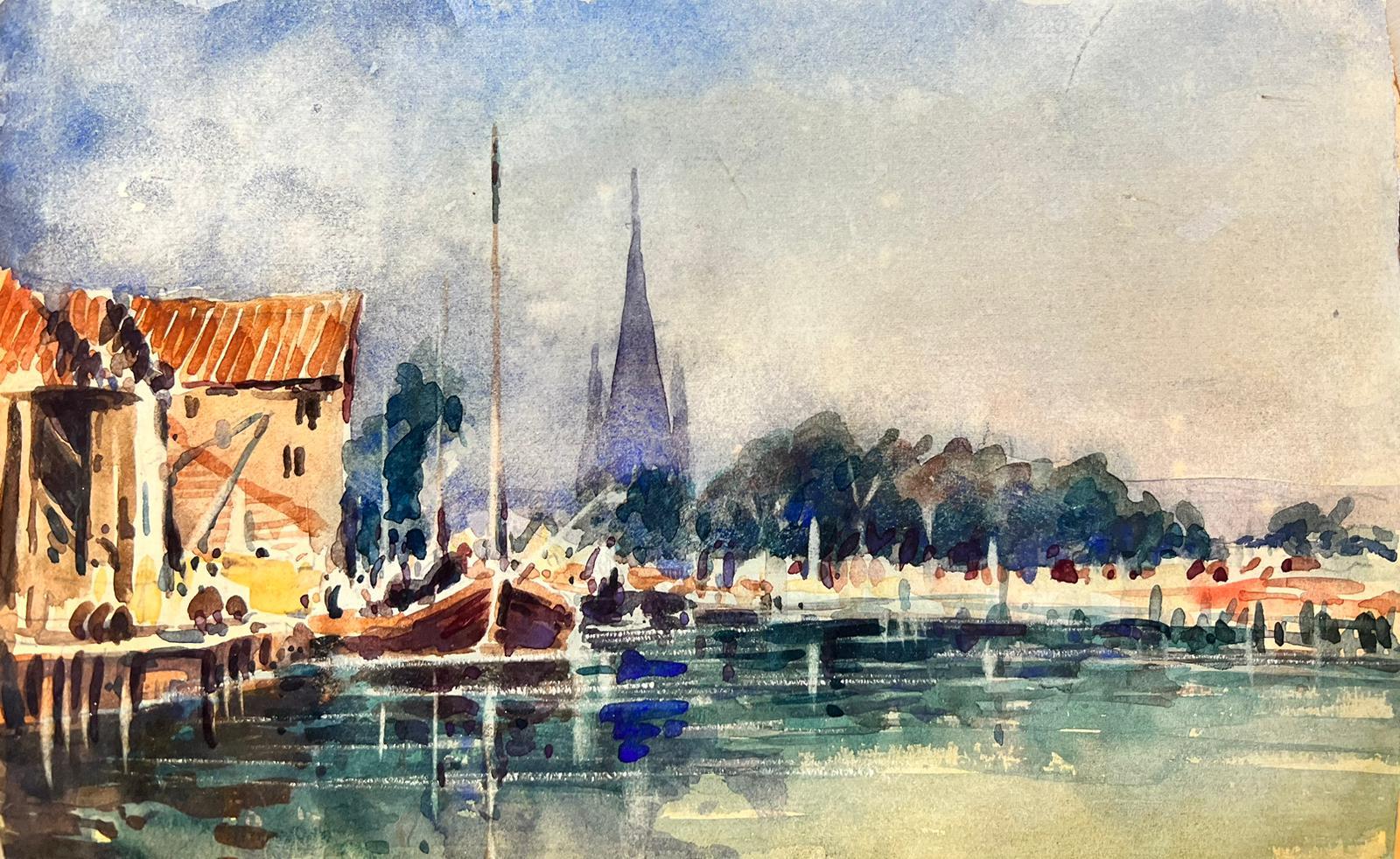 Maurice Mazeilie – Französisches Aquarell – Blaue Boote am Hafen