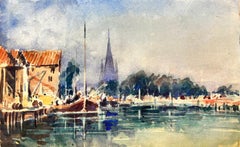 Vintage Maurice Mazeilie -French Watercolour - Blue Boats At The Harbour