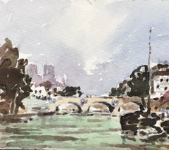 MAURICE MAZEILIE-FRENCH Watercolour - Dainty Landscape Bridge With Notre Dame