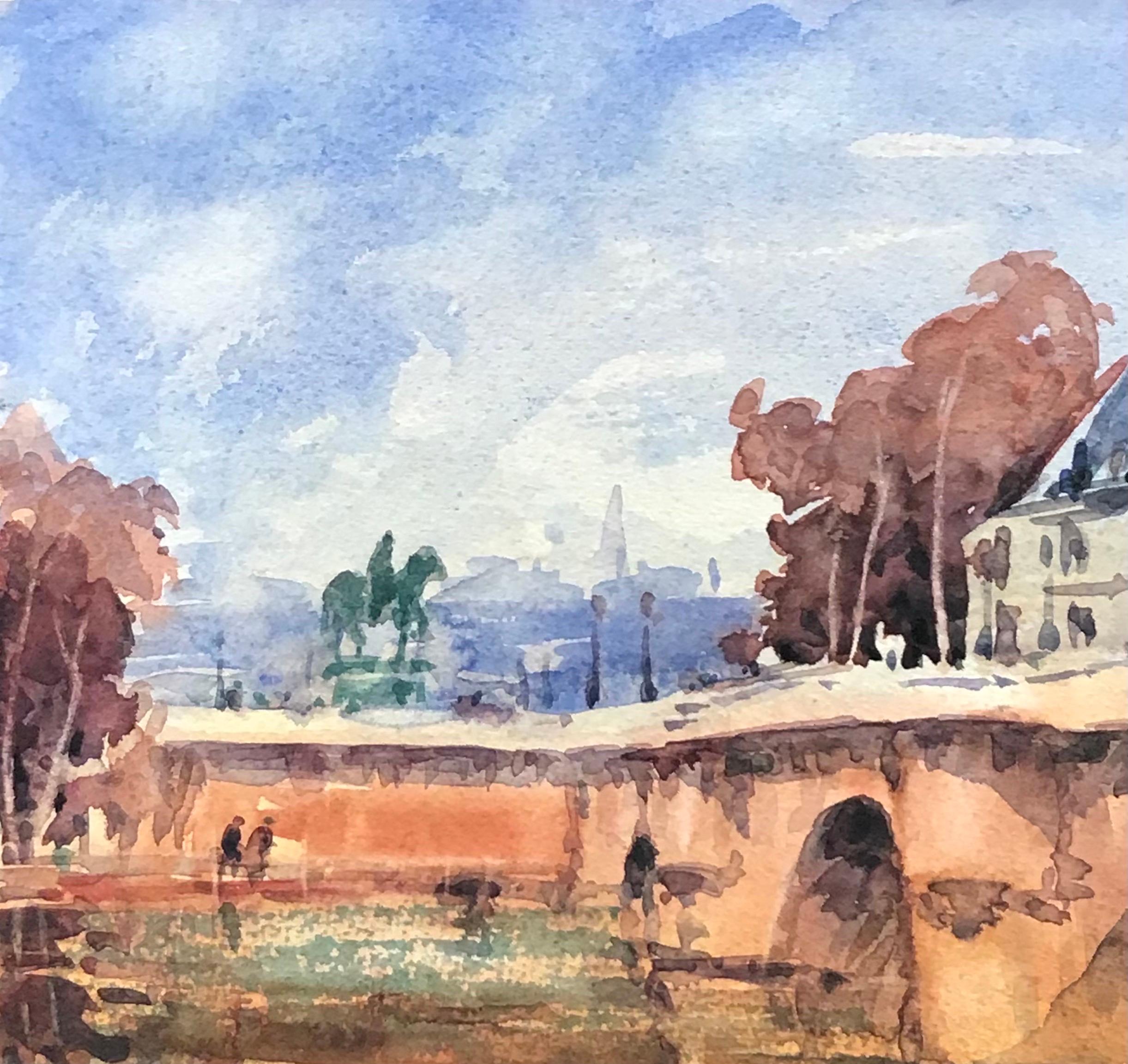 MAURICE MAZEILIE-FRENCH Watercolour - Down By The River Seine Bridge Scene - Painting by Maurice Mazeilie