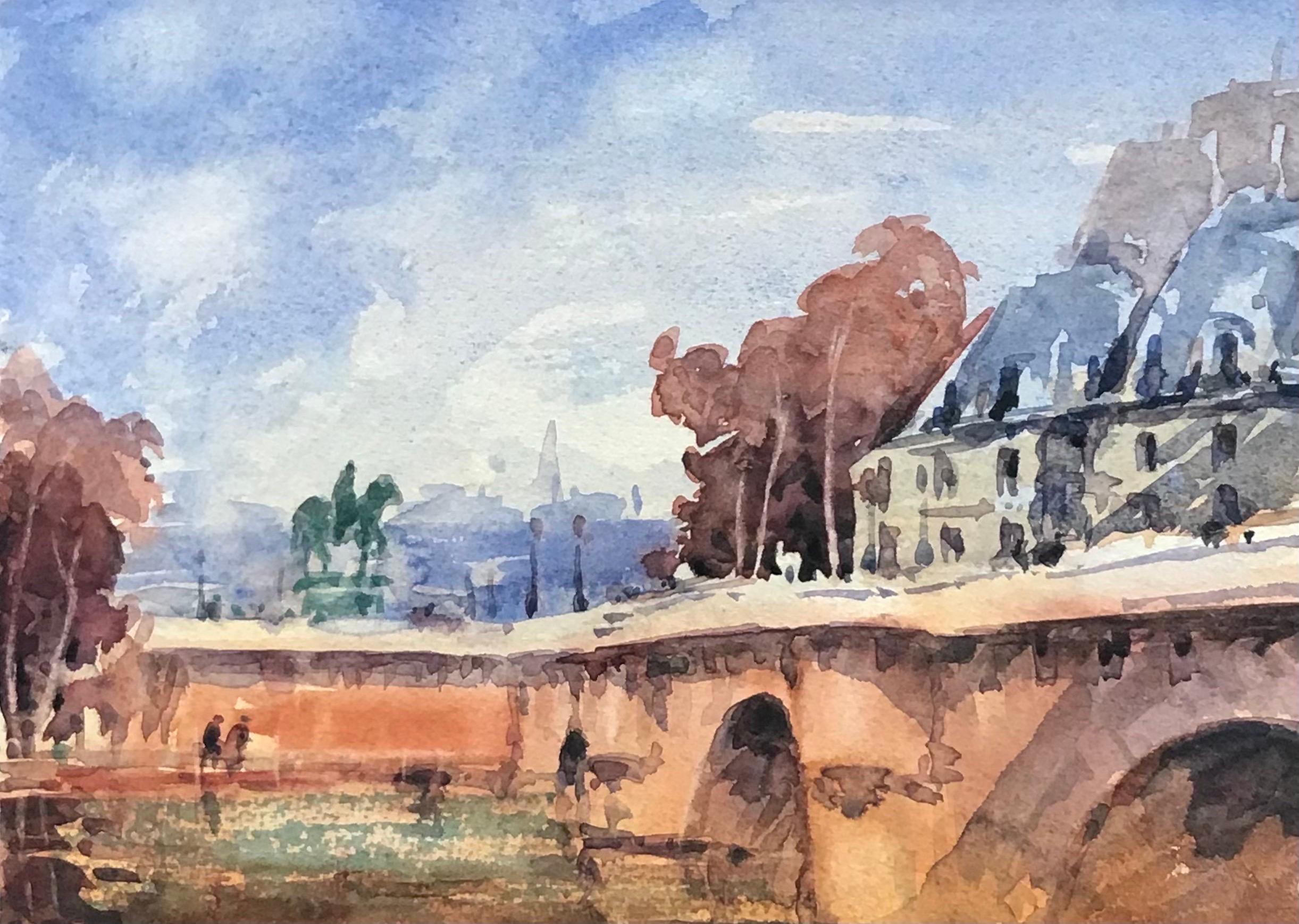 Maurice Mazeilie Figurative Painting - MAURICE MAZEILIE-FRENCH Watercolour - Down By The River Seine Bridge Scene