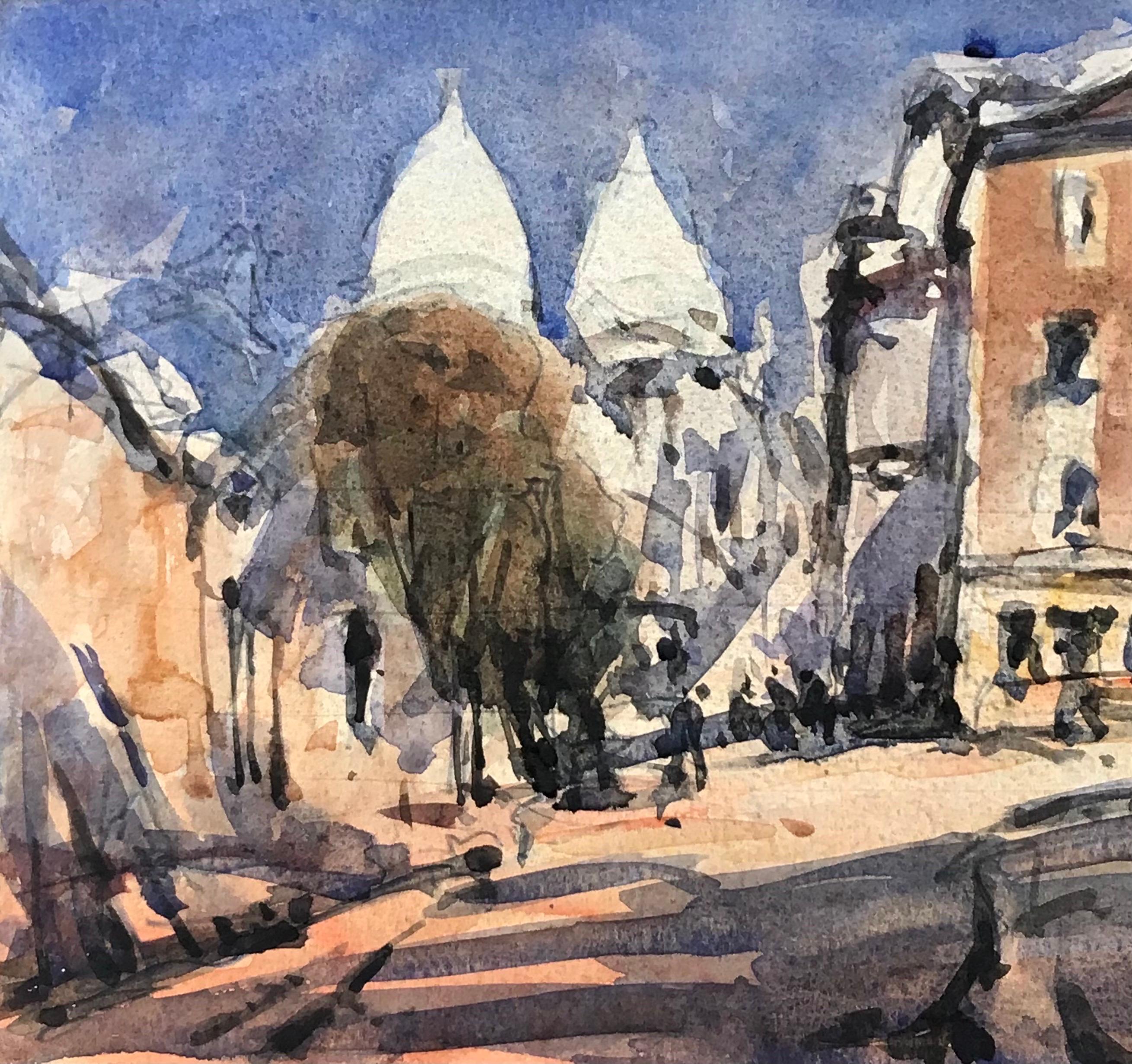 MAURICE MAZEILIE-FRENCH Watercolour - Paris Street Landscape - Painting by Maurice Mazeilie