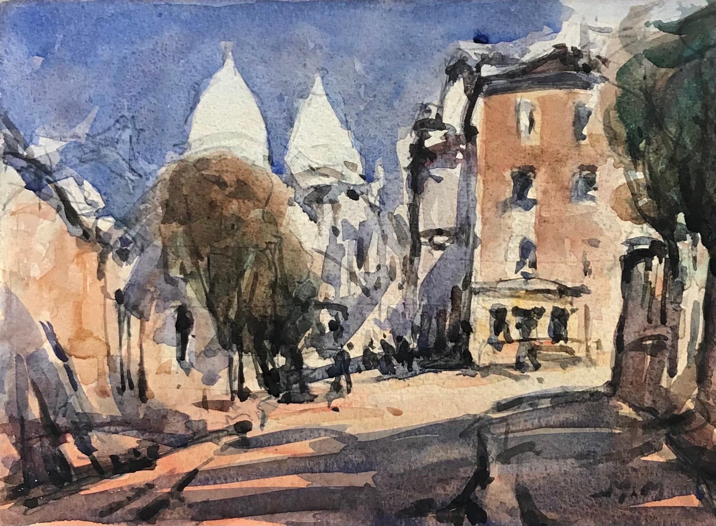 Maurice Mazeilie Landscape Painting - MAURICE MAZEILIE-FRENCH Watercolour - Paris Street Landscape