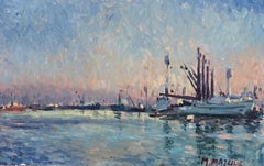 FRENCH IMPRESSIONIST HARBOUR SCENE OIL PAINTNG - TRANQUIL BOAT HARBOUR
