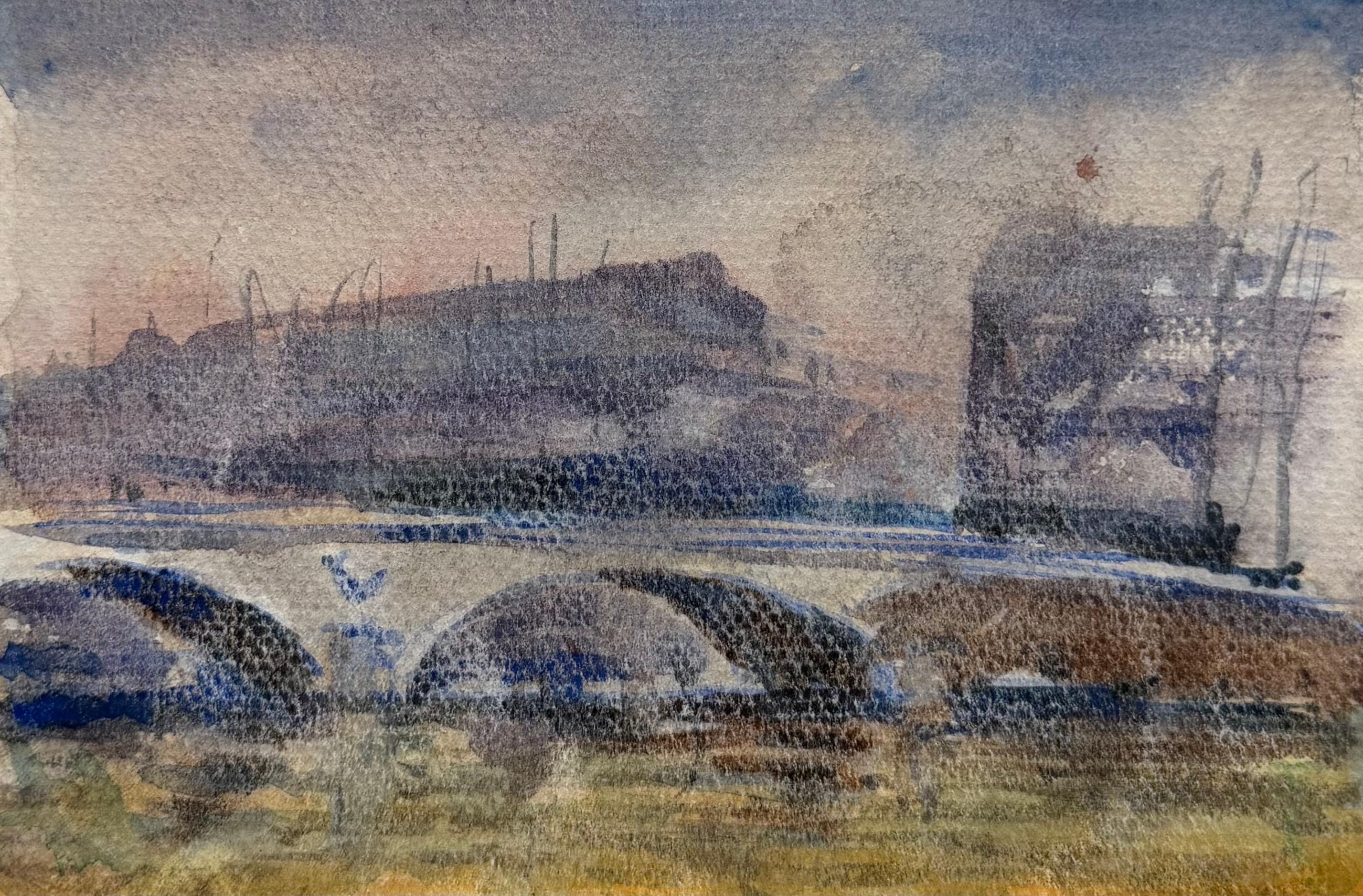 Maurice Mazeilie Figurative Painting - Paris River Seine Bridge & Waterside Buildings Impressionist Painting