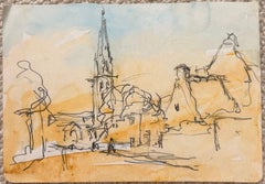 Paris Church Spire and Historic Architecture Impressionist Watercolour Sketch