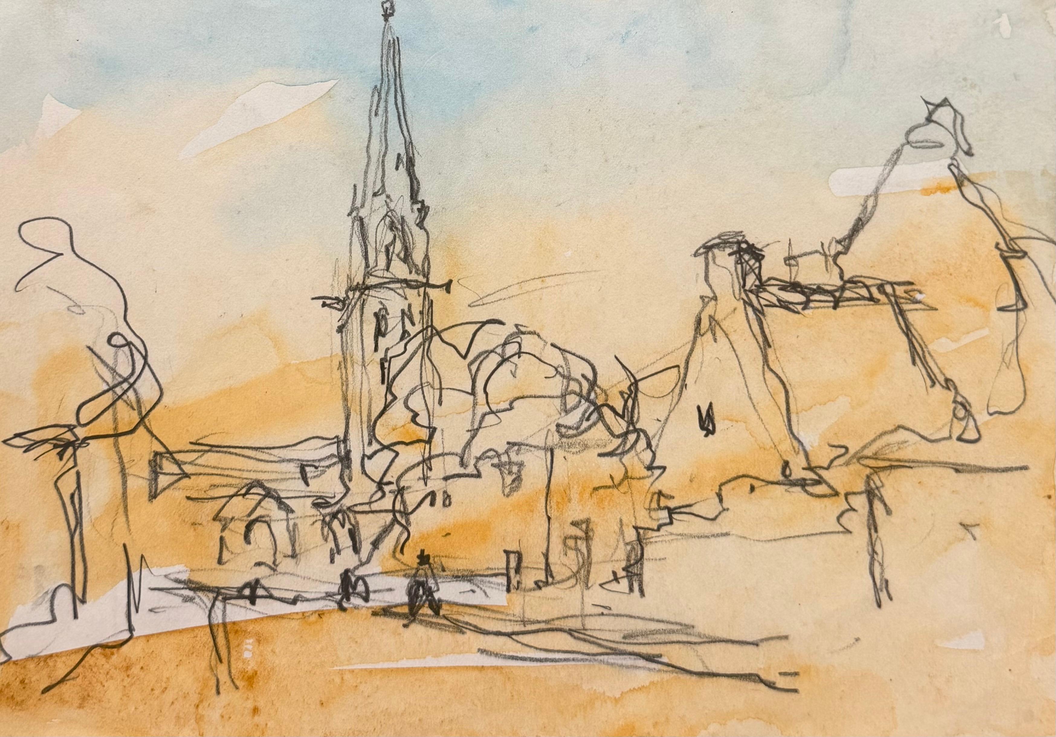 Schizzo impressionista ad acquerello della guglia di una chiesa di Parigi e dell'architettura storica