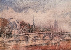 Paris River Seine Bridge and Historic Skyline Impressionist Watercolour Painting