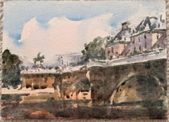 Paris River Seine Bridge and Riverside Houses Impressionist Watercolour Painting