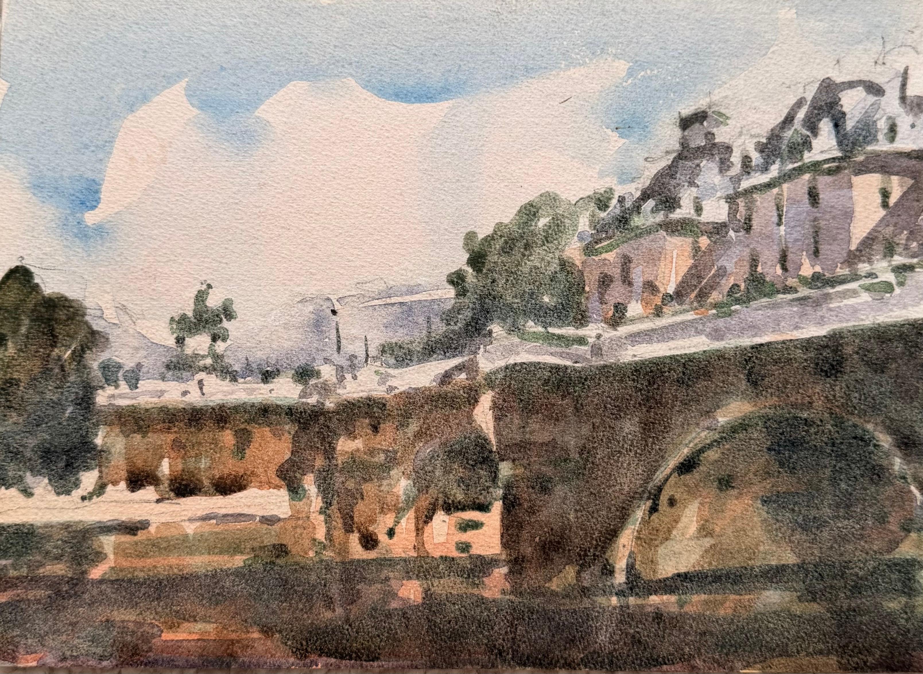 Paris River Seine Bridge and Riverside Houses Impressionist Watercolour Painting