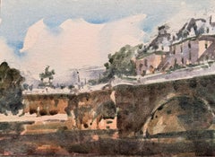 Paris River Seine Bridge and Riverside Houses Impressionist Watercolour Painting