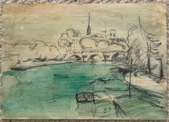 Brücke über die Seine in Paris und Uferlandschaft – impressionistisches Gemälde in Feder und Aquarell