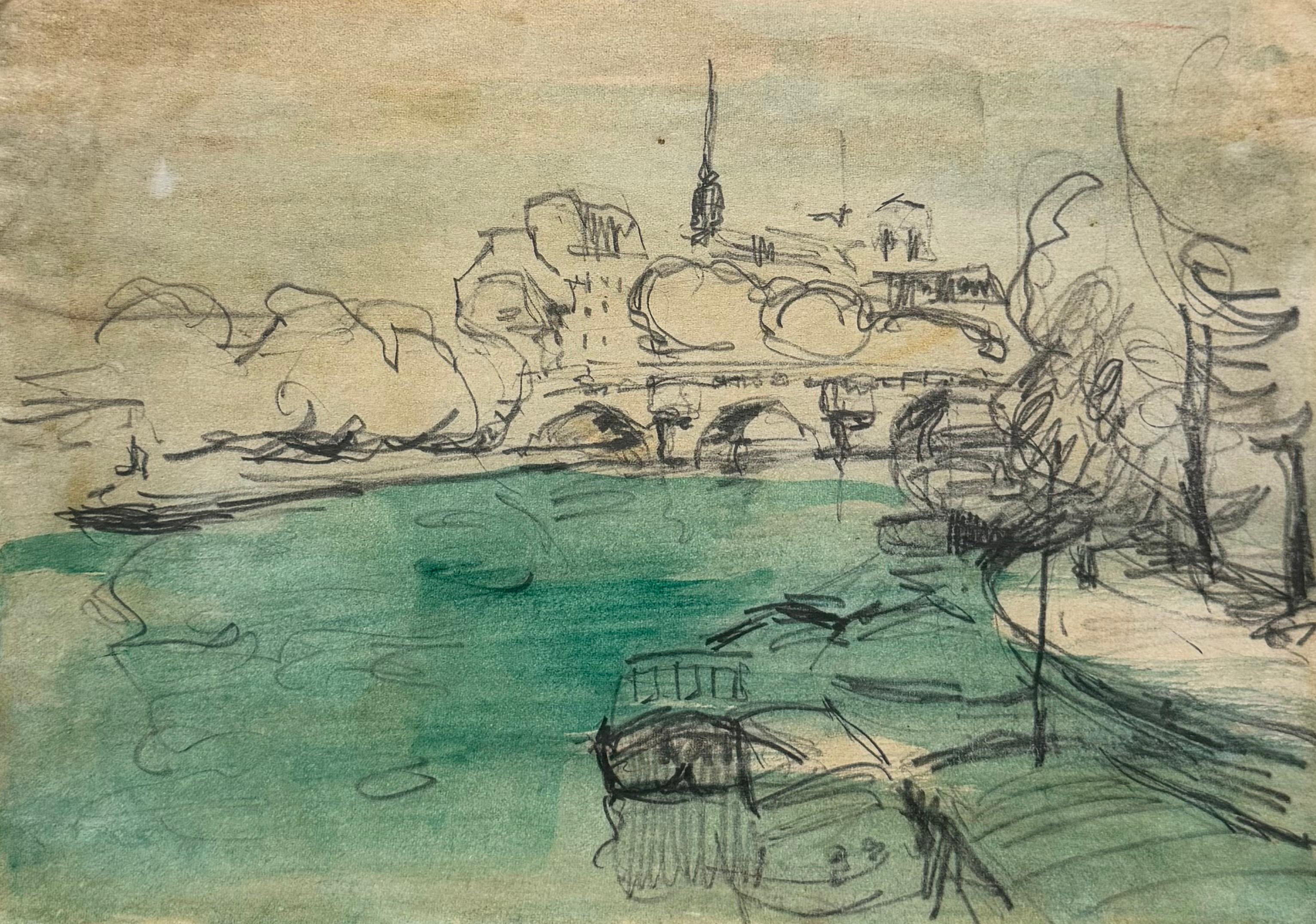 Paris River Seine Bridge and Riverside Pen & Watercolour Impressionist Painting