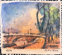 Paris River Seine Bridge Tree-Lined Embankment Impressionist Watercolour