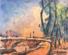 Paris River Seine Bridge Tree-Lined Embankment Impressionist Watercolour