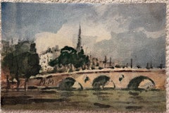 Paris River Seine Bridge with Church Spire Impressionist Watercolour Painting