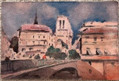 Paris River Seine Bridge with Church Spire Impressionist Watercolour Painting