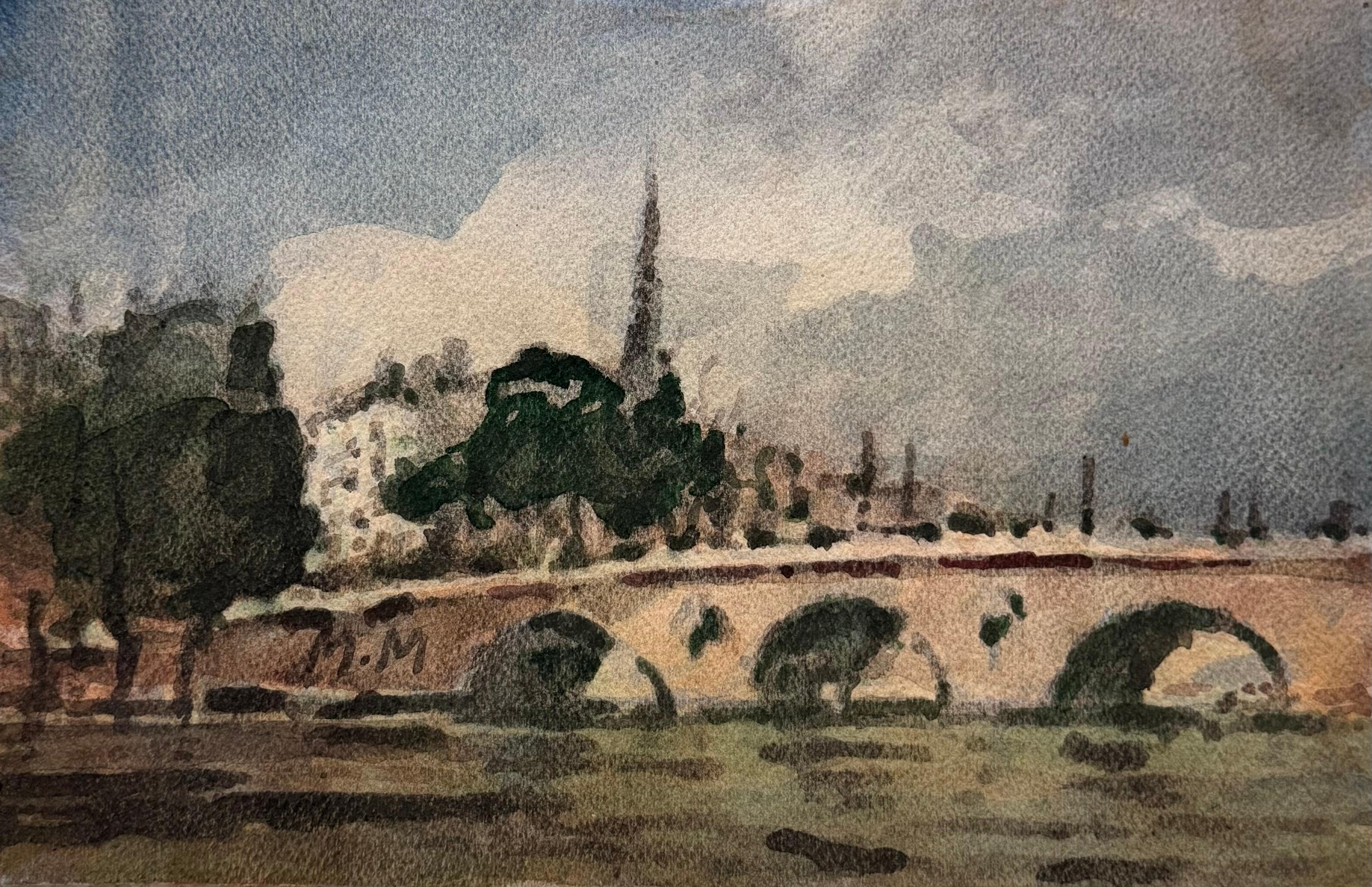Paris River Seine Bridge with Church Spire Impressionist Watercolour Painting