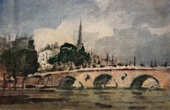 Paris River Seine Bridge with Church Spire Impressionist Watercolour Painting