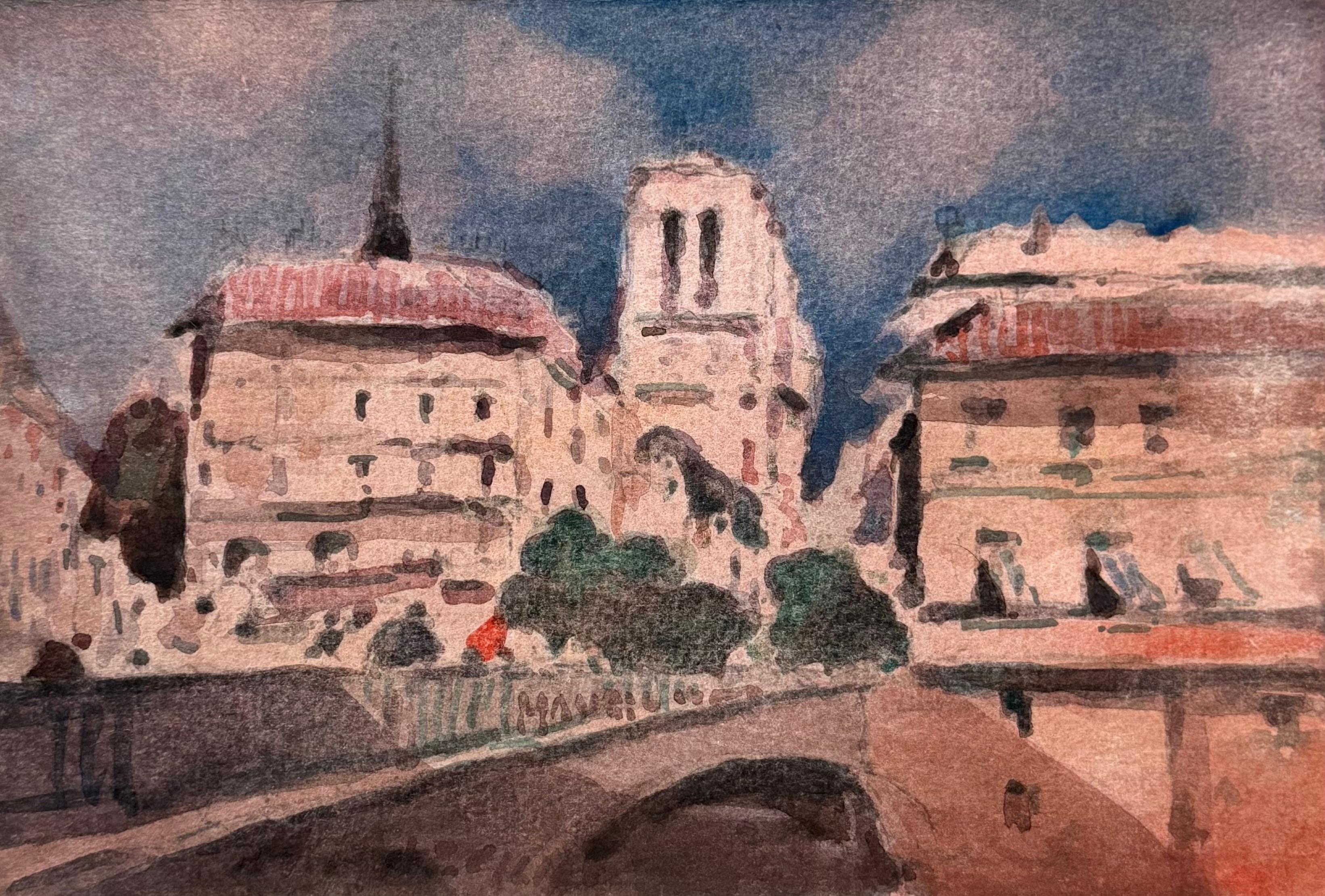 Paris River Seine Bridge with Church Spire Impressionist Watercolour Painting