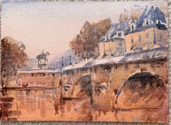 Paris River Seine Bridge with Equestrian Statue Impressionist Watercolour