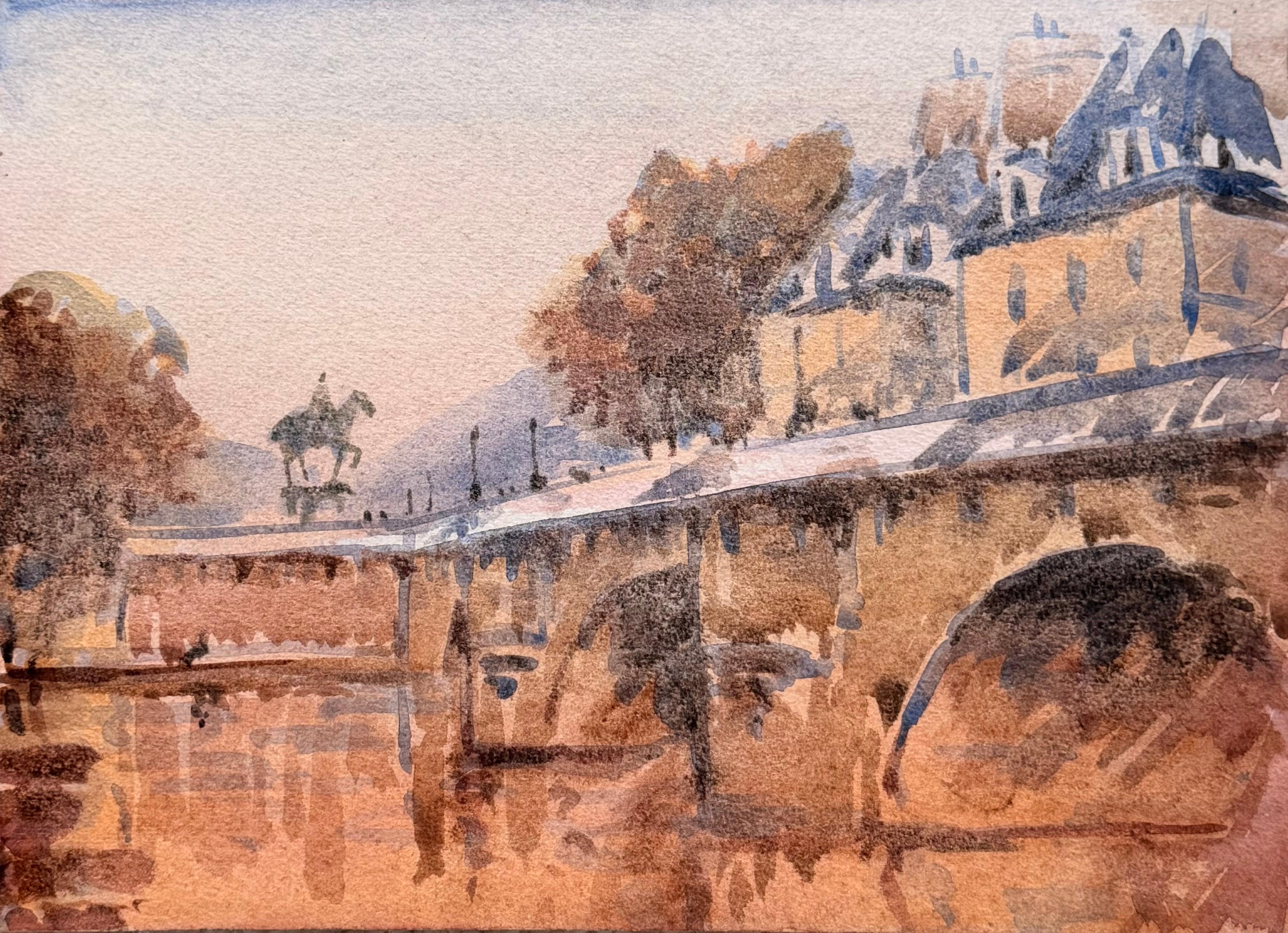 Paris River Seine Bridge with Equestrian Statue Impressionist Watercolour