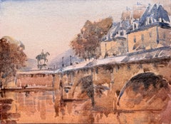 Paris River Seine Bridge with Equestrian Statue Impressionist Watercolour