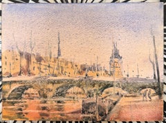 Paris River Seine Bridge with Historic Clock Tower Impressionist Watercolour