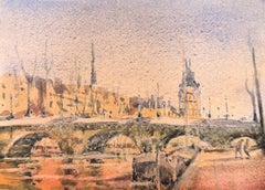 Paris River Seine Bridge with Historic Clock Tower Impressionist Watercolour