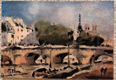 Paris River Seine Bridge with Notre-Dame Impressionist Watercolour Painting
