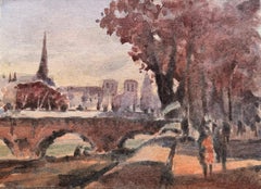 Paris River Seine Bridge with Notre-Dame Impressionist Watercolour Painting