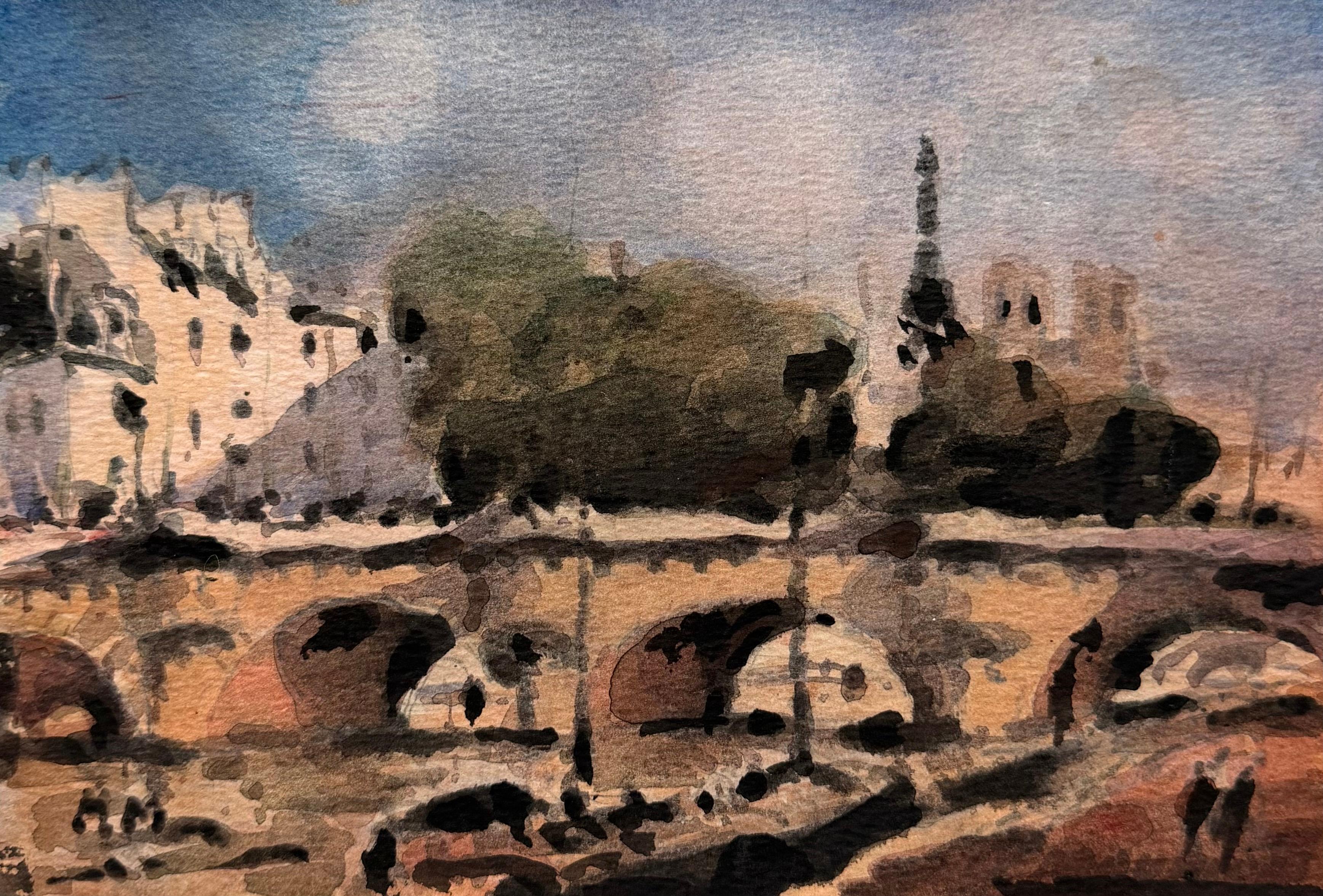 Paris River Seine Bridge with Notre-Dame Impressionist Watercolour Painting
