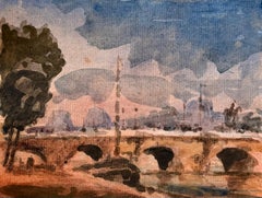 Paris River Seine Bridge with Sailboats Impressionist Watercolour Painting