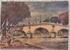 Paris River Seine Stone Bridge at Dusk Impressionist Watercolour Painting