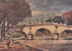Paris River Seine Stone Bridge at Dusk Impressionist Watercolour Painting