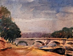 Paris River Seine Stone Bridge Landscape Impressionist Watercolour Painting