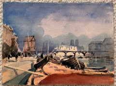 Die Seine in Paris mit vor Anker liegenden Booten – Aquarell