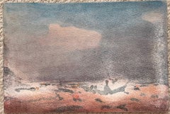 Ein einsames Boot an einem nebligen, stillen Ufer – Aquarell