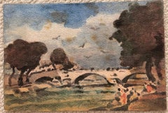Steinbrücke in einer französischen Landschaft – impressionistisches Aquarell