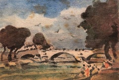 Steinbrücke in einer französischen Landschaft – impressionistisches Aquarell