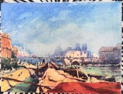 Summer French Paris River Seine Boats Cityscape Impressionist Watercolour