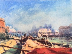 Summer French Paris River Seine Boats Cityscape Impressionist Watercolour