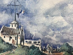Watercolor Blue Sky Coastal Landscape with Village Scene