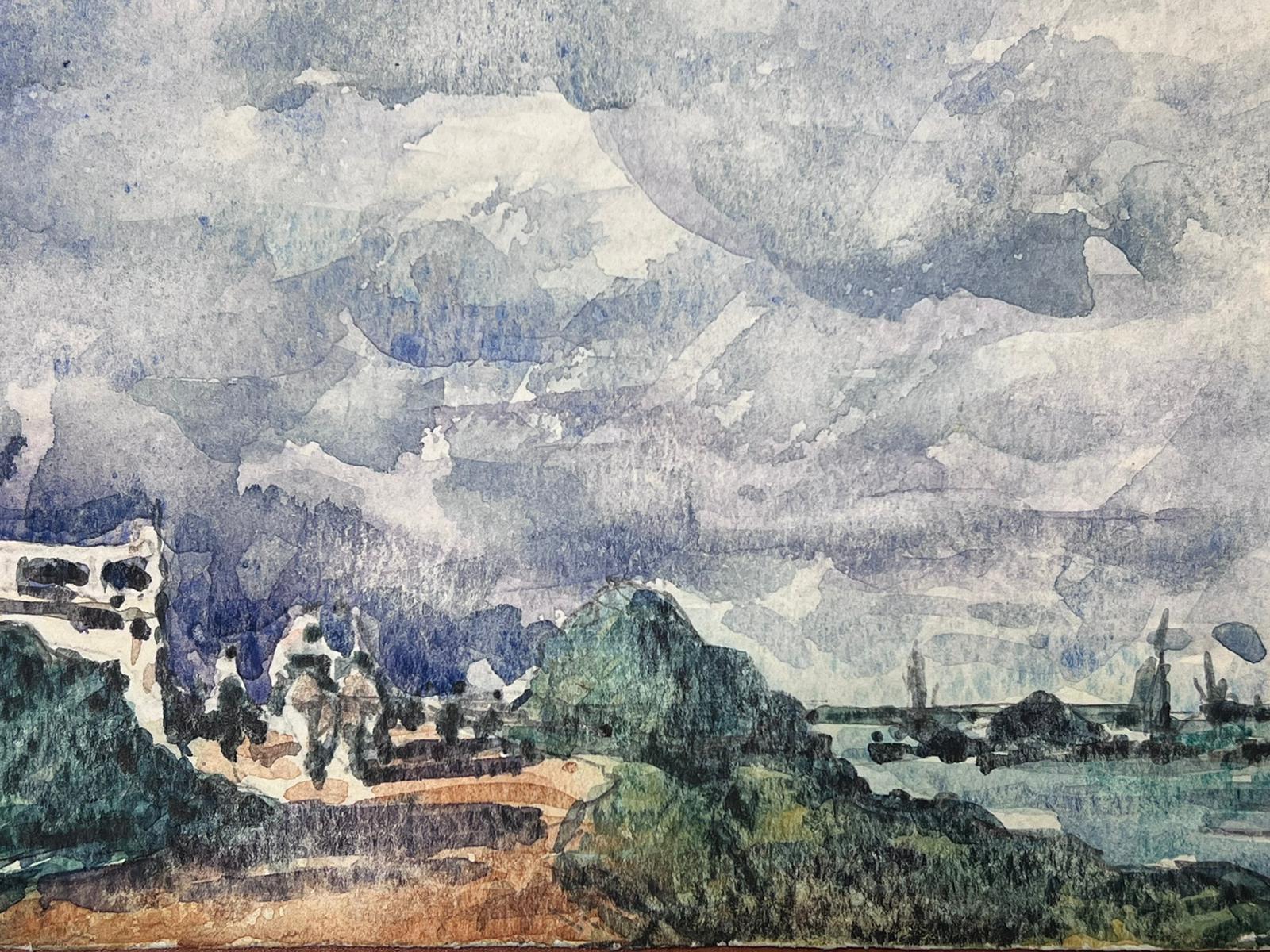 Acuarela Cielo Azul Paisaje Costero con Escena de Pueblo - Painting Impresionista de Maurice Mazeilie