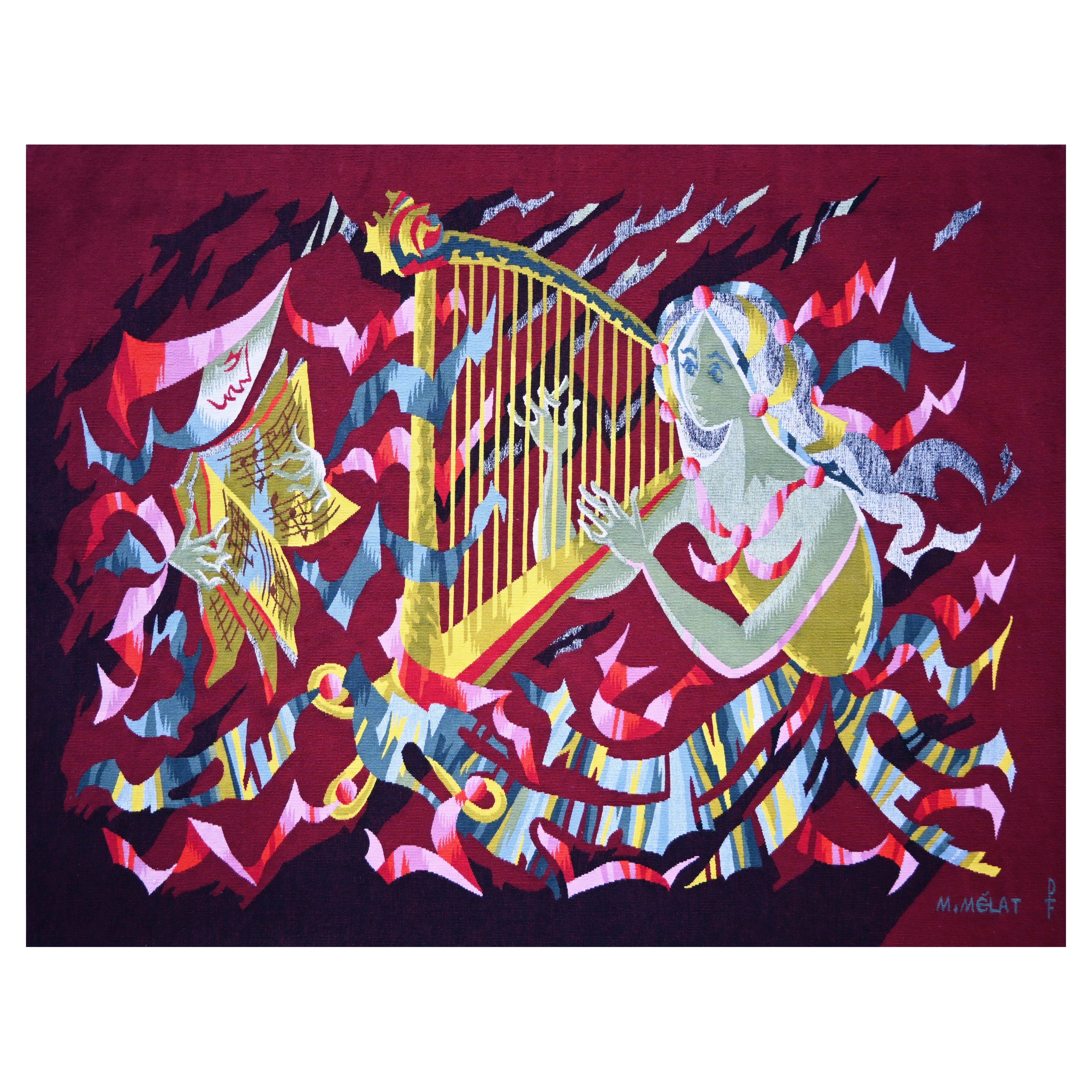 Maurice Melat, The Girl with the Harp - French Moderne Tapestry PINTON - N° 1499
