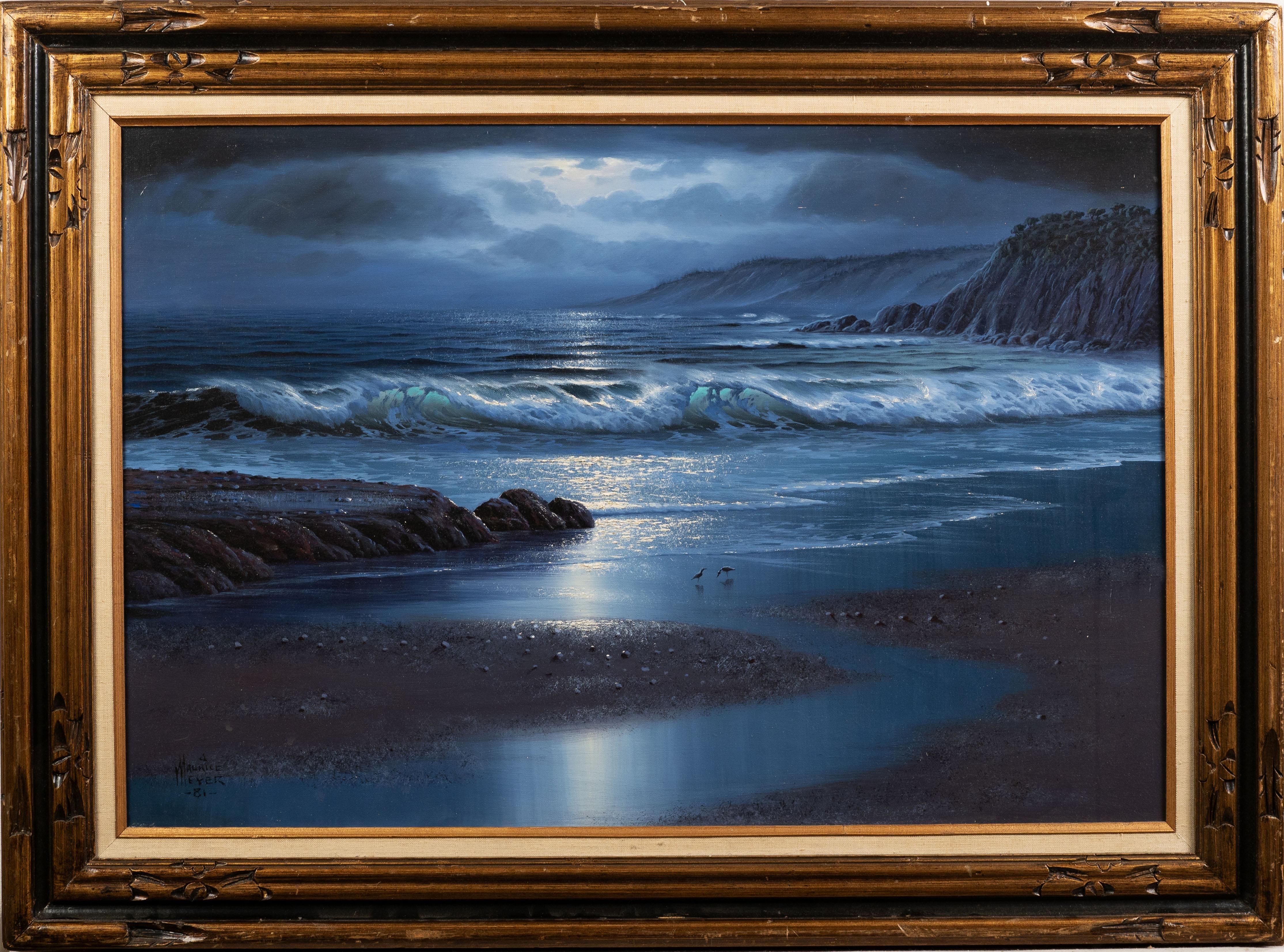 California Scena di spiaggia al chiaro di luna incorniciata Pittura ad olio notturna di grandi dimensioni - Painting di maurice meyer