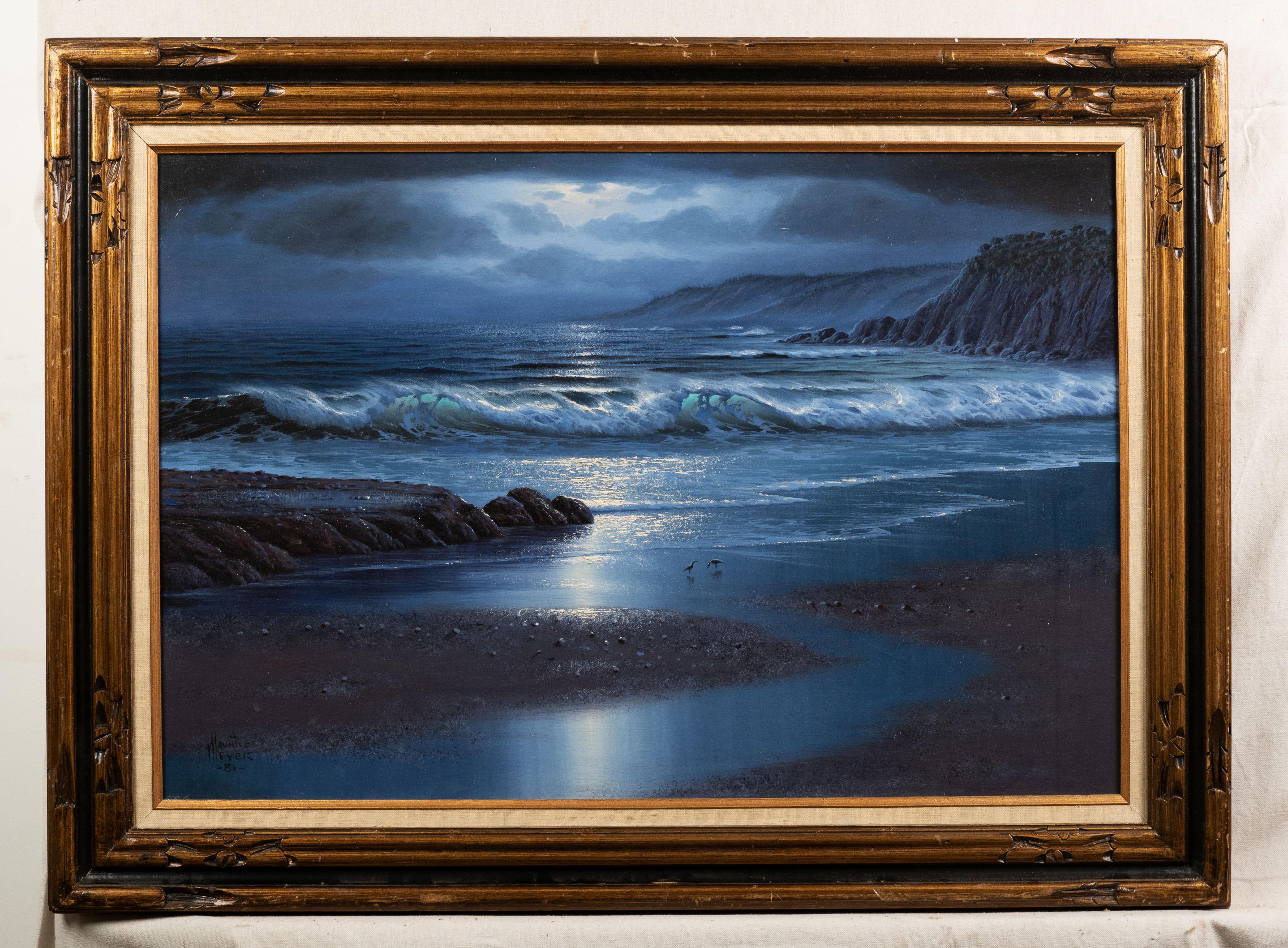 California Scena di spiaggia al chiaro di luna incorniciata Pittura ad olio notturna di grandi dimensioni - Painting Impressionismo di maurice meyer