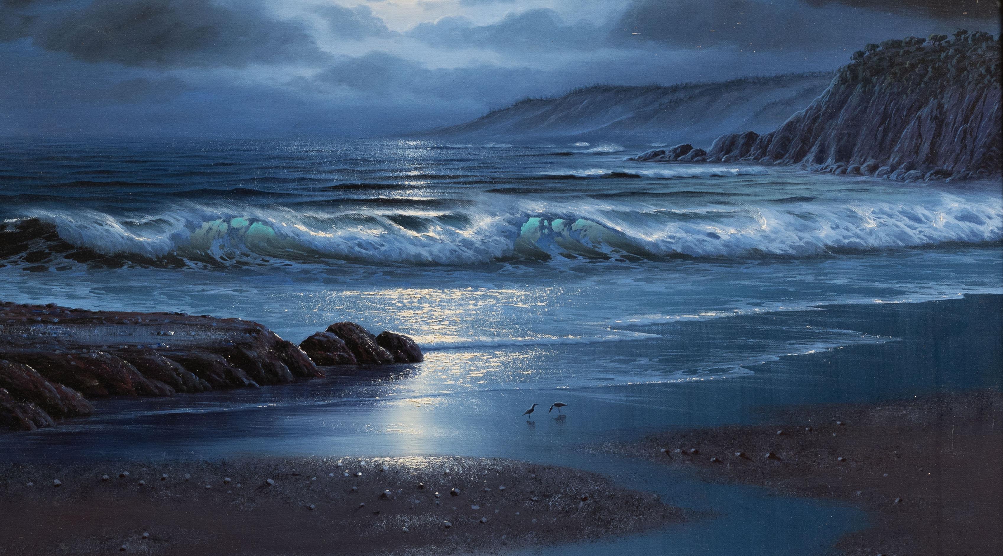 California Scena di spiaggia al chiaro di luna incorniciata Pittura ad olio notturna di grandi dimensioni 1
